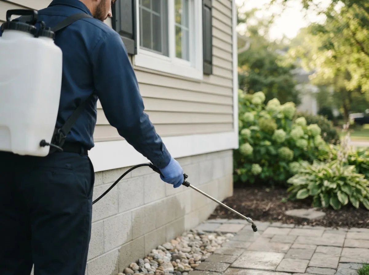 Pest control technician inspecting a home in Comanche, OK